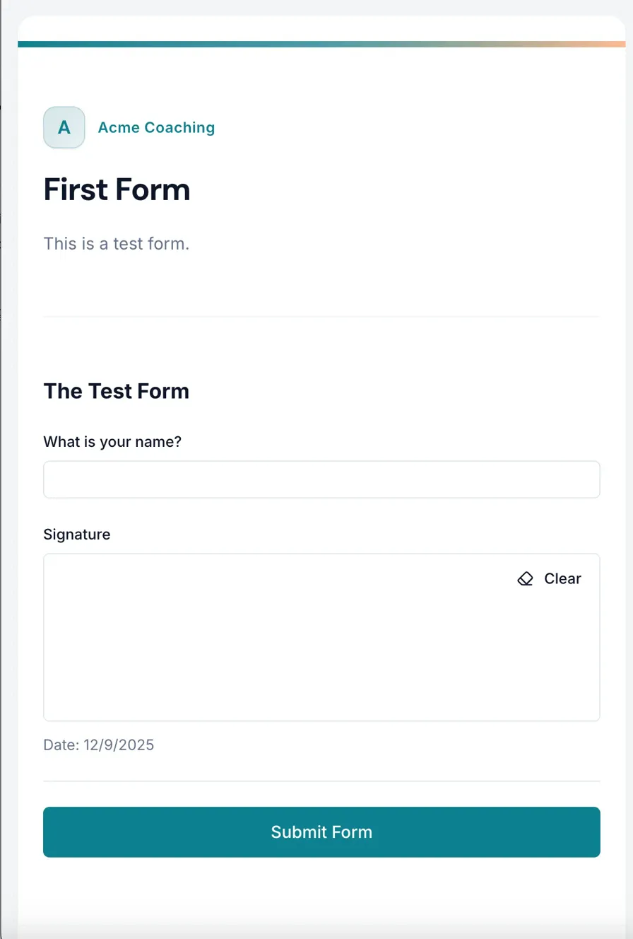 Client view of intake form on mobile device with signature pad